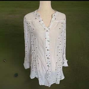 Hope Springs White Embroidered Boho Tunic Button Up Blouse XL Gauzy Floral Top